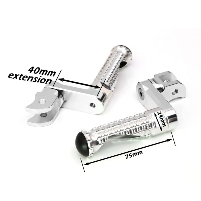 Adjustable 40mm extension foot pegs for Aprilia Tuono 125, 660, 1000 V4R motorcycle by MC Motoparts, shown on bike.
