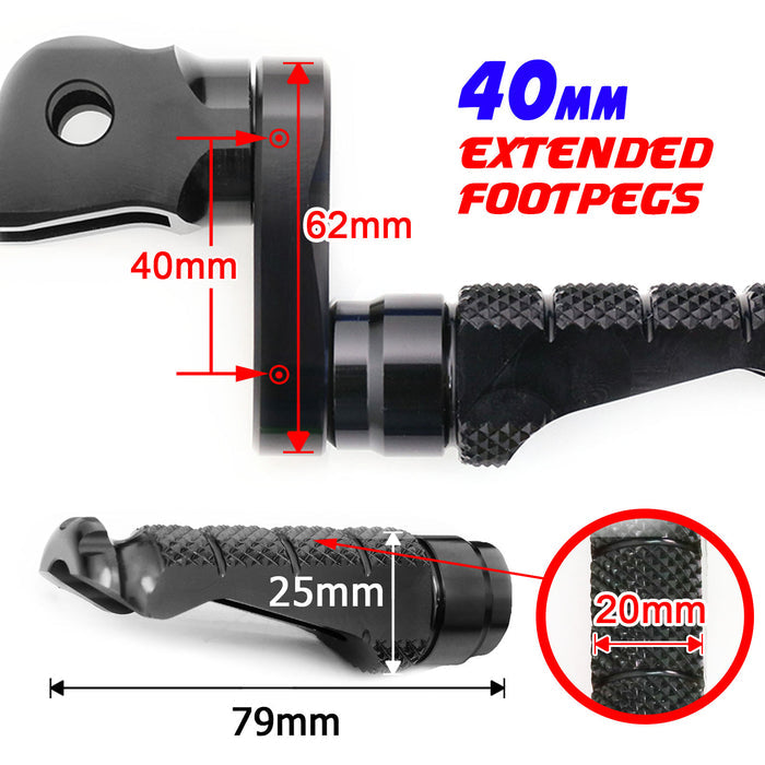 Black MC Motoparts 40mm extension foot pegs for Aprilia Tuono 125, 660, 1000 V4R R-FIGHT, adjustable for rider comfort.