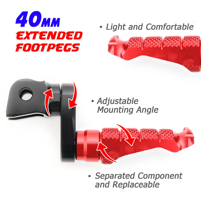 Front view of MC Motoparts 40mm extension foot pegs for Aprilia Tuono 125, 660, 1000 V4R R-FIGHT motorcycle, showing adjustable design.