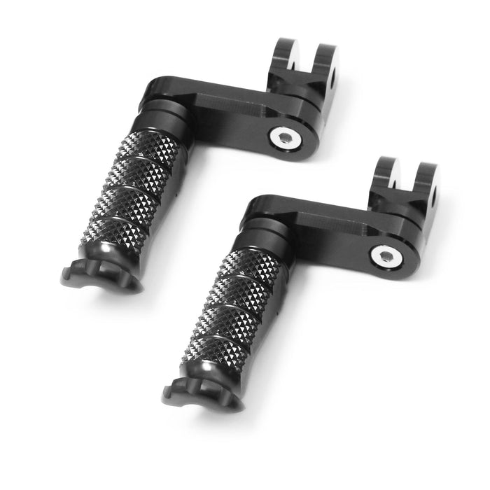 Front view of MC Motoparts 40mm extension foot pegs for Aprilia Tuono 125, 660, 1000 V4R R-FIGHT motorcycle, adjustable design