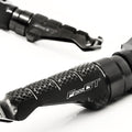 BMW F800GT 2011-2018 R-FIGHT engraved logo standard foot pegs by MC Motoparts, shown on motorcycle's footrest area.