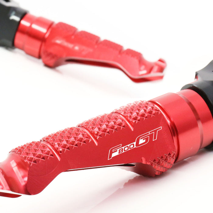 BMW F800GT 2011-2018 engraved R-FIGHT logo front foot pegs by MC Motoparts, standard motorcycle foot pegs for rider comfort.