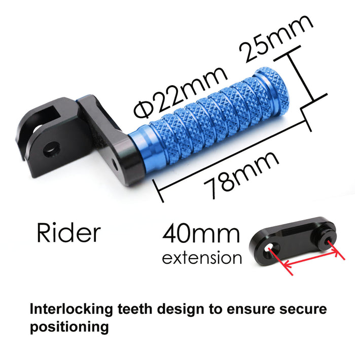 Front 40mm adjustable extension foot pegs for BMW F800S R1200 S ST G650GS by MC Motoparts, showing the metal pole and foot peg design.