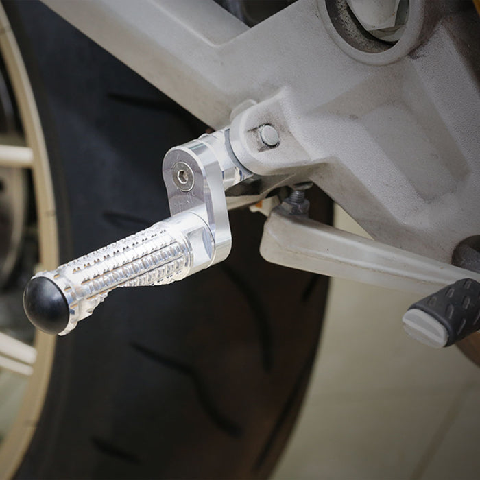 BMW F800S R1200S G650GS 25mm extension lowering foot pegs by MC Motoparts installed on motorcycle.