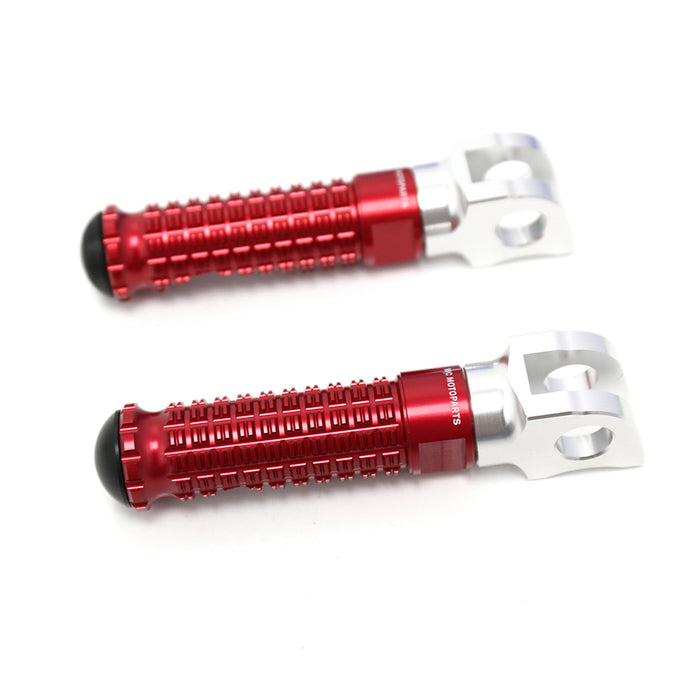 MC Motoparts standard front foot pegs for BMW F800S, R1200 S, ST, G650GS motorcycle, shown in silver with textured surface.