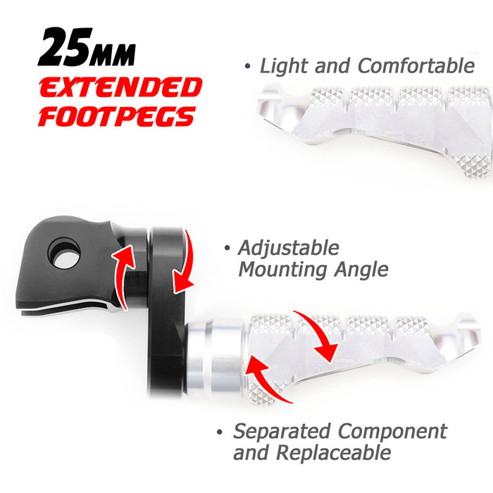 Front view of MC Motoparts 25mm adjustable extension foot pegs for BMW F800S R1200S ST G650GS motorcycle, detailed metal design.
