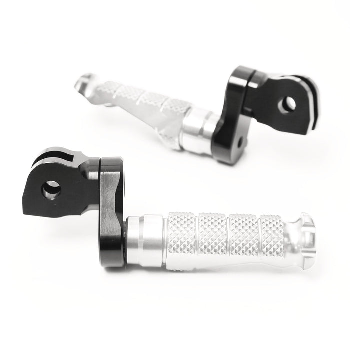 Front view of MC Motoparts 25mm adjustable foot pegs for BMW F800S, R1200 S, G650GS, and R-Fight motorcycle models.