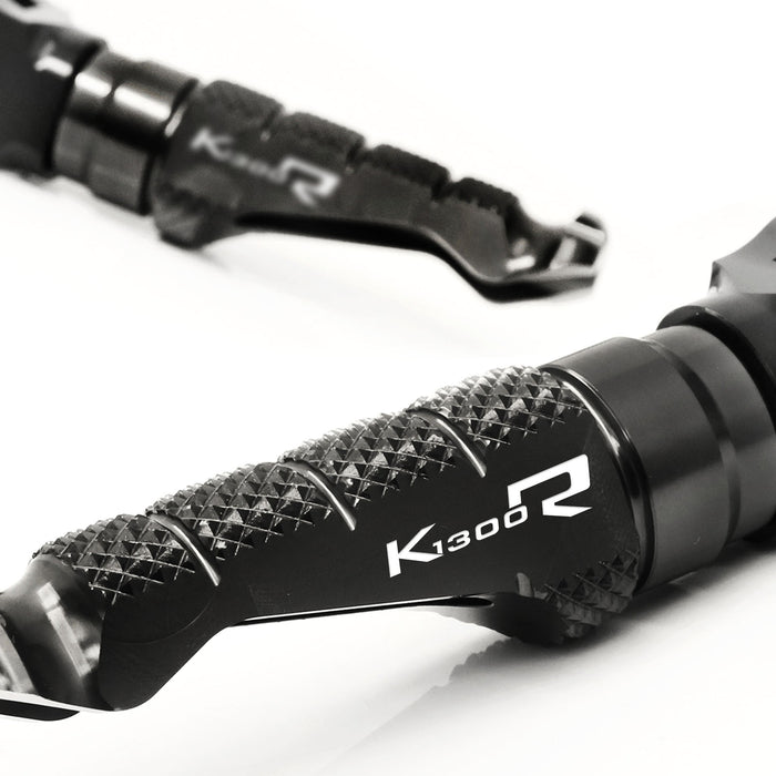 BMW K1300R and K1300S R-FIGHT engraved logo front foot pegs by MC Motoparts, standard motorcycle foot pegs with engraved logo design.