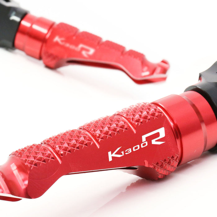 BMW K1300R and K1300S R-FIGHT foot pegs by MC Motoparts, engraved logo, standard motorcycle foot pegs, metallic finish.