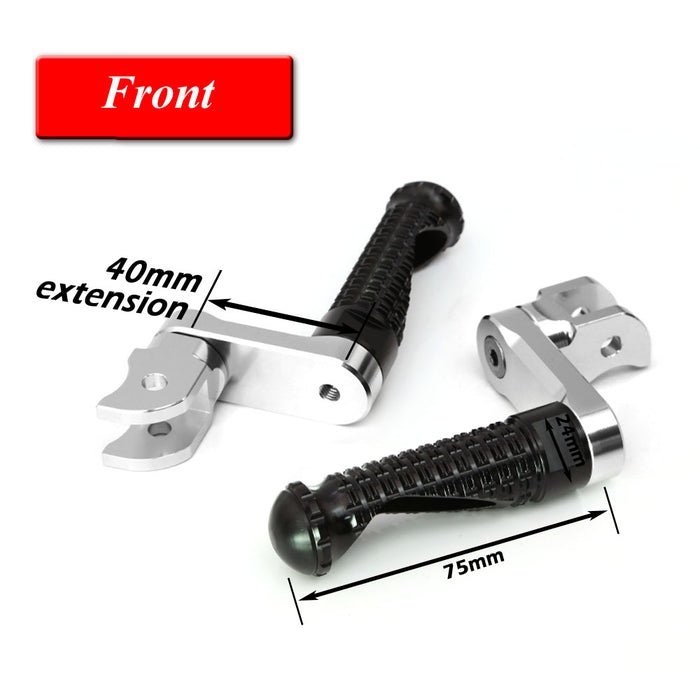Black 40mm extension foot pegs for BMW R nineT Scrambler, S1000RR, K1200R by MC Motoparts, featuring a sturdy, adjustable design.