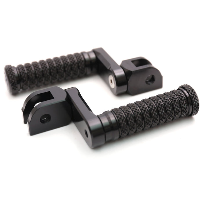 Black 40mm adjustable pole foot pegs for Buell Lightning Firebolt motorcycle by MC Motoparts, shown from the front view.