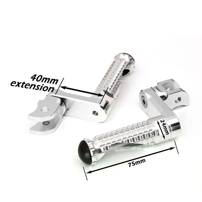 Front view of MC Motoparts 40mm adjustable extension foot pegs for CF MOTO M-PRO motorcycle, showing durable metal design.