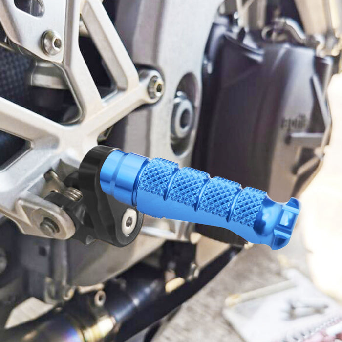 Front view of MC Motoparts 25mm adjustable extension foot pegs for CF MOTO R-FIGHT motorcycle, installed on the motorcycle's footrest.