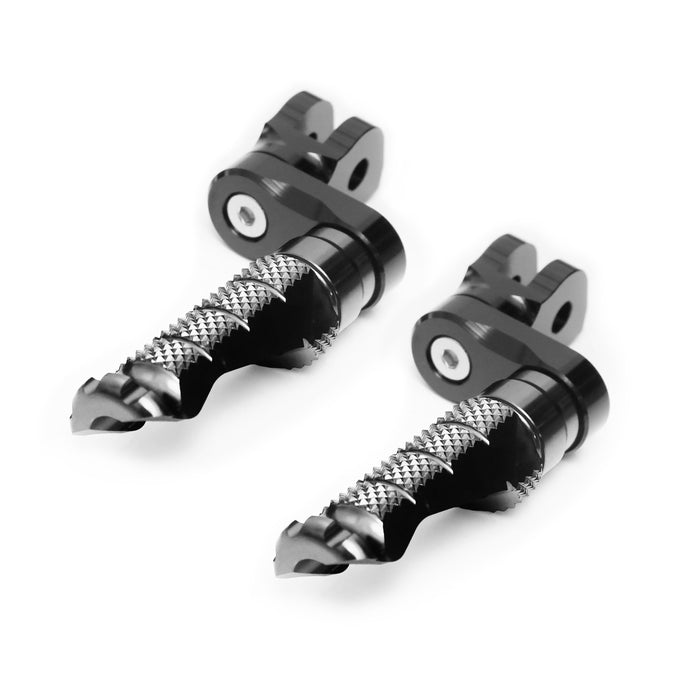 Black MC Motoparts 25mm extension foot pegs for CF MOTO R-FIGHT motorcycle, shown from the front view.
