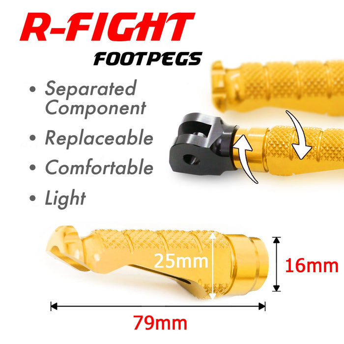 Front view of MC Motoparts standard foot pegs designed for CF MOTO R-FIGHT motorcycle, showing metal construction and mounting details.