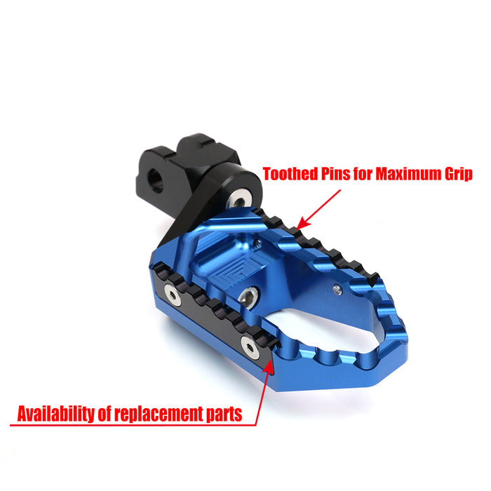 MC Motoparts 25mm extension foot pegs for CF MOTO TRC Touring, adjustable wide foot pegs in black, front view.