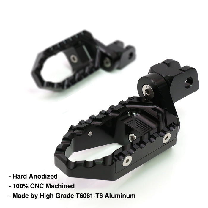 Front view of MC Motoparts 25mm extension foot pegs for CF MOTO TRC Touring with adjustable wide foot pegs in black.