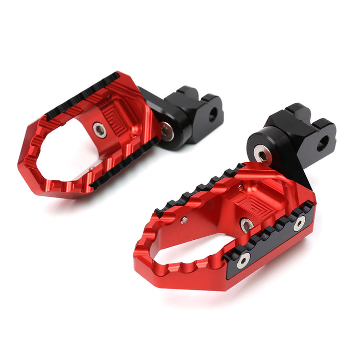 Front view of MC Motoparts 25mm extension wide foot pegs for CF MOTO TRC Touring, adjustable and black in color.