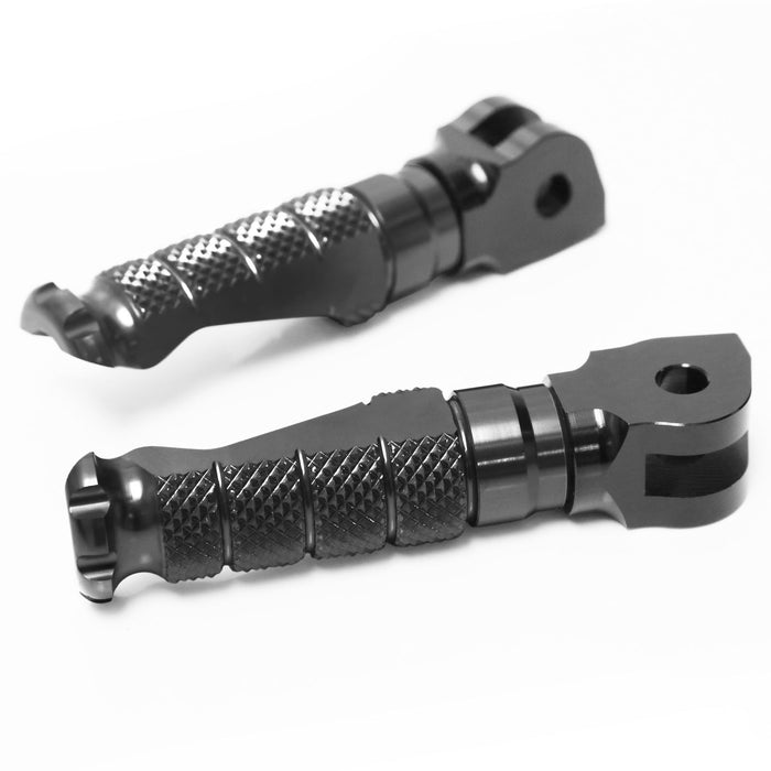 Black MC Motoparts front foot pegs for Honda CBR1000RR and CBR600RR motorcycle, standard style, shown from the front angle.