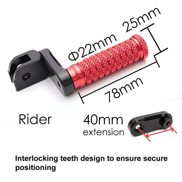 Front view of MC Motoparts 40mm extension foot pegs for Honda CBR250RR and CBR600RR motorcycle, showing the metal extension poles.