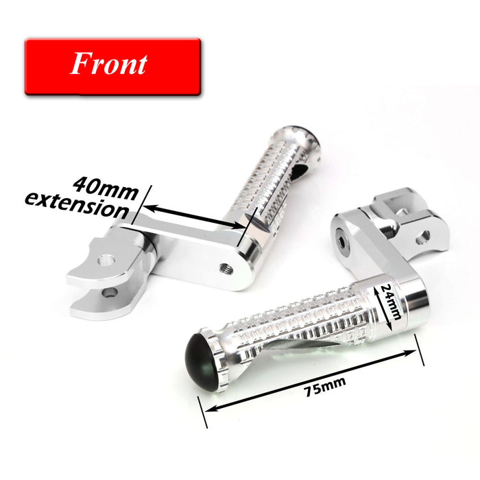 Honda CBR600F and CBR600RR MC Motoparts 40mm extension lowering foot pegs, durable metal with textured grip surface.