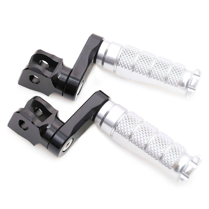 Front view of MC Motoparts 40mm extension foot pegs for Honda VFR800, VFR1200F, NC750X motorcycle, adjustable foot pegs.