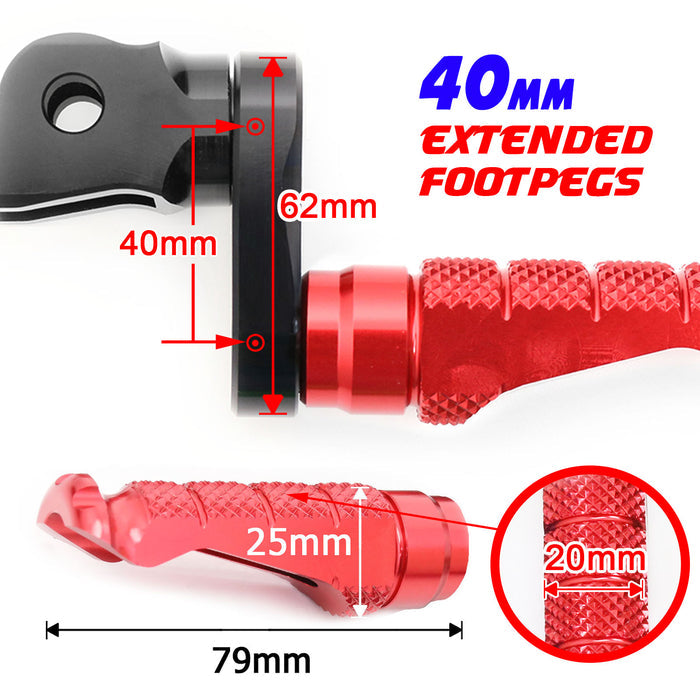 Front view of MC Motoparts 40mm extension foot pegs for Honda VFR800, VFR1200F, NC750X motorcycle, with detailed metal design.