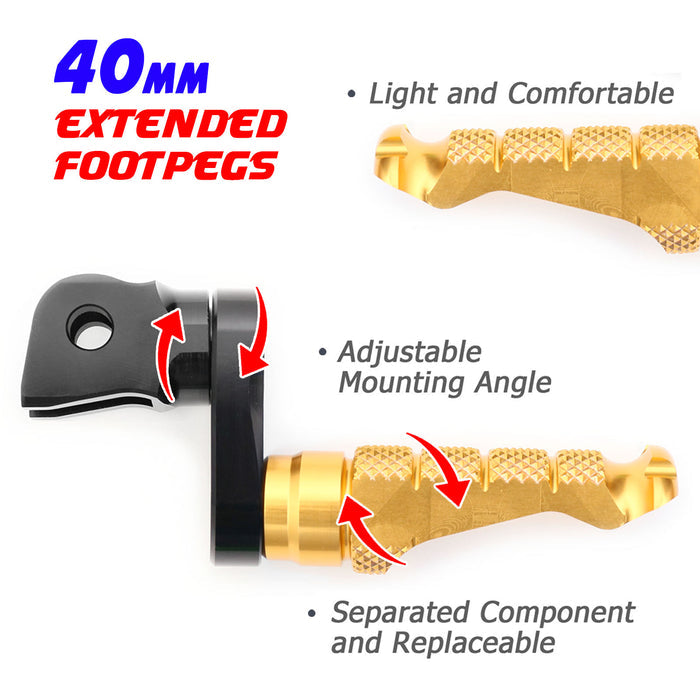 Front view of MC Motoparts 40mm extension foot pegs for Honda VFR800, VFR1200F, NC750X motorcycle, showing metallic finish and mounting points.