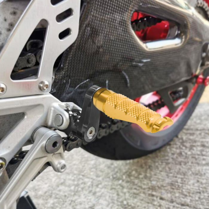 Front view of MC Motoparts 40mm extension foot pegs for Honda VFR800, VFR1200F, NC750X, showing adjustable design and installation.