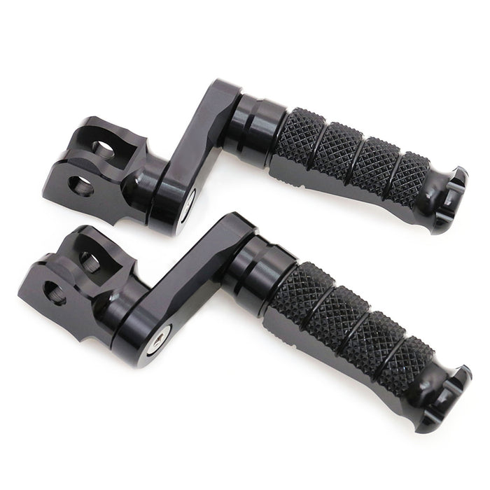 Black MC Motoparts 40mm extension foot pegs for Honda VFR800, VFR1200F, NC750X motorcycle, showing front view with adjustable design.