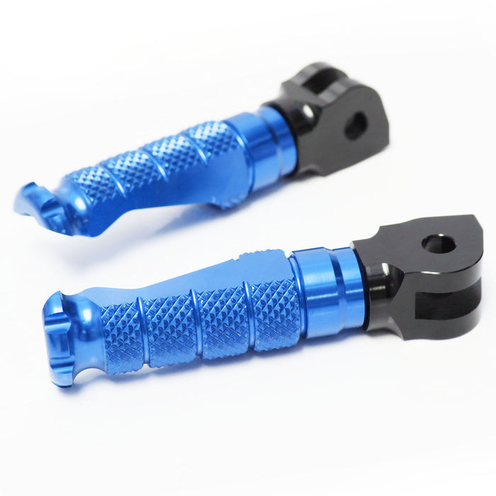 Front view of MC Motoparts standard foot pegs for Kawasaki ER6F, ER6N, Ninja 300, 250R motorcycle, metal with mounting brackets.