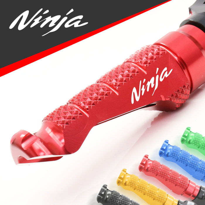 Kawasaki Ninja ZX-6R ZX-9R MC Motoparts R-FIGHT engraved logo front foot pegs on motorcycle with metal finish