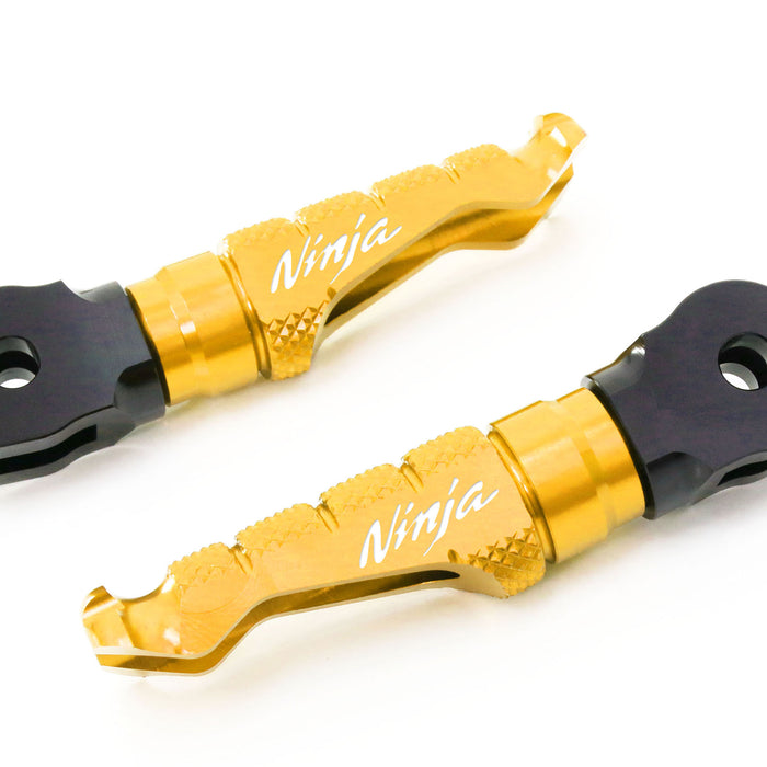 Kawasaki Ninja ZX-6R ZX-9R engraved logo R-FIGHT foot pegs by MC Motoparts, standard motorcycle foot pegs with engraved logo.
