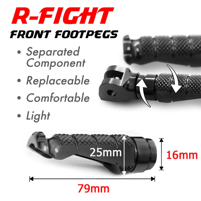 Front view of black MC Motoparts standard foot pegs for Kawasaki Z H2, Z1000, Z125, Z750, Z900 motorcycle, detailed close-up.