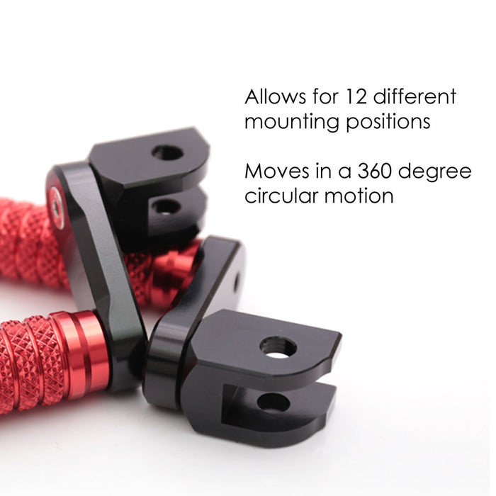 Front view of MC Motoparts 40mm extension foot pegs for Kawasaki ZR7S, ZRX1200, KLE650, and KLZ1000 motorcycle models.