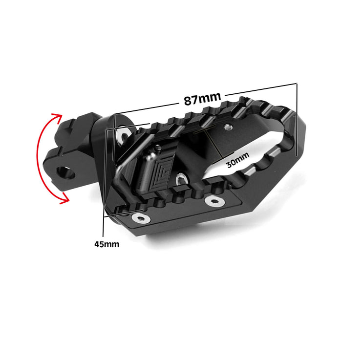 Black MC Motoparts 25mm extension touring foot pegs for Kawasaki ZX10R and ZX6R, featuring multi-step design and durable construction.