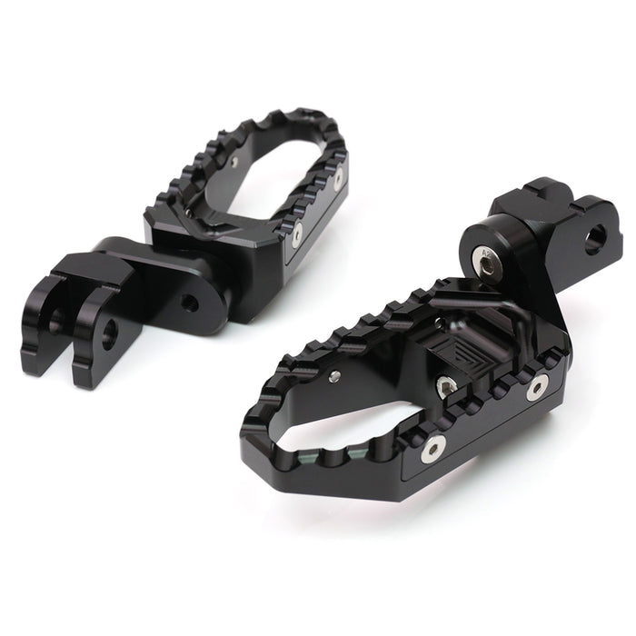 Kawasaki ZX10R ZX6R MC Motoparts 25mm extension touring foot pegs, front view, black multi-step design for enhanced rider comfort