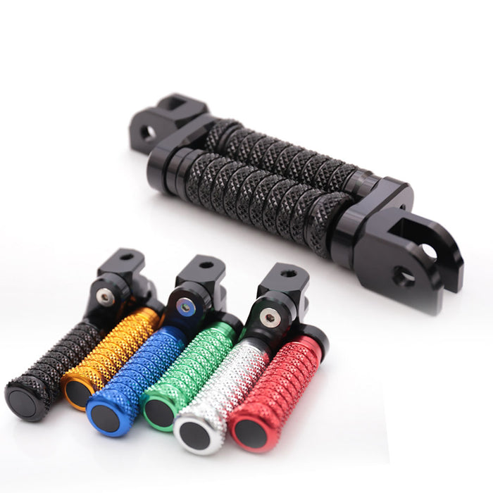 Black 25mm extension foot pegs for Moto Guzzi V9, V7, V100, adjustable pole, made by MC Motoparts, shown from the front.