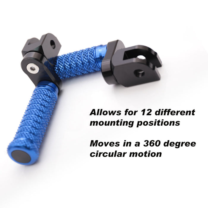 Black 25mm extension foot pegs for Moto Guzzi V9, V7, V100 by MC Motoparts, shown with detailed close-up of adjustable pole.