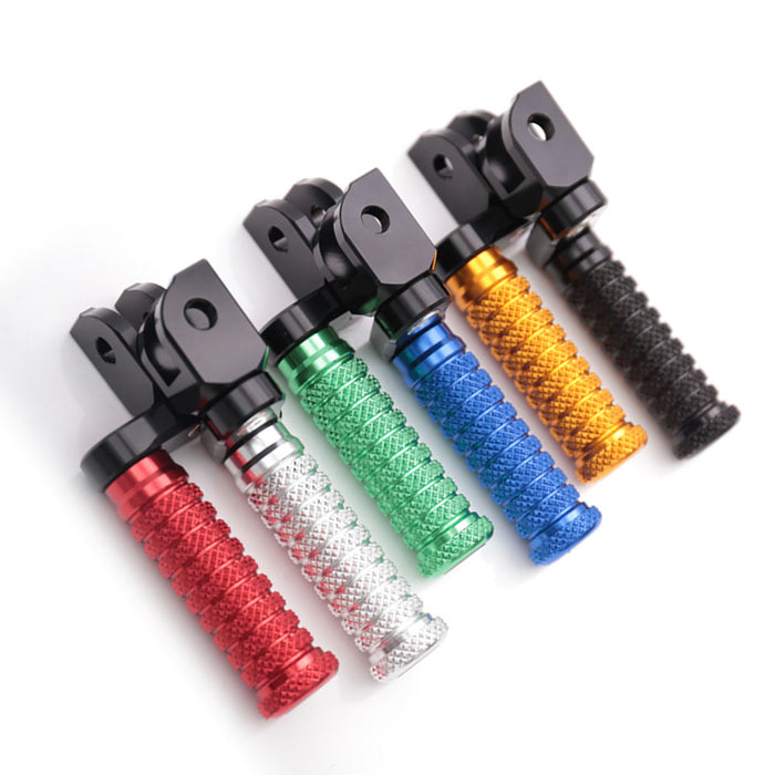 Front view of MC Motoparts 25mm adjustable extension foot pegs for Moto Guzzi V9, V7, and V100 motorcycles.
