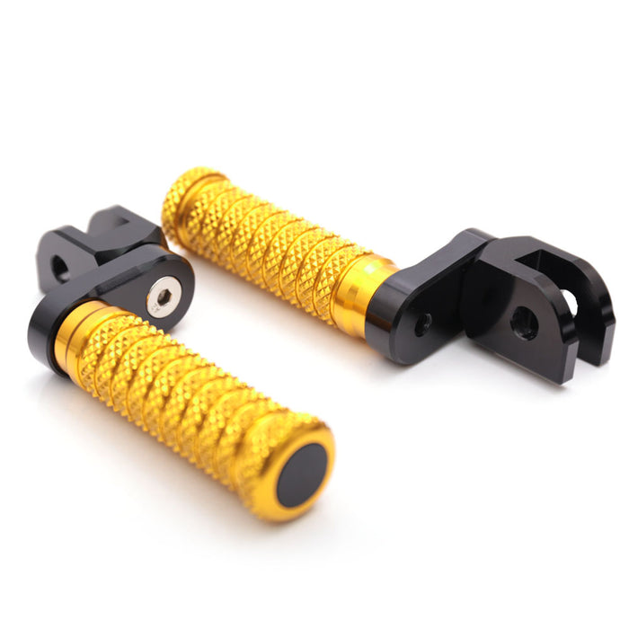 Front view of MC Motoparts 25mm extension foot pegs for Moto Guzzi V9, V7, V100 with adjustable poles, mounted on motorcycle.
