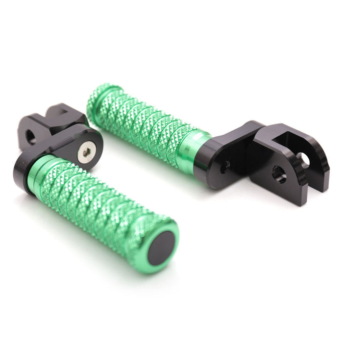 Front view of MC Motoparts 25mm extension foot pegs for Moto Guzzi V9, V7, V100, featuring adjustable poles and sturdy metal construction.