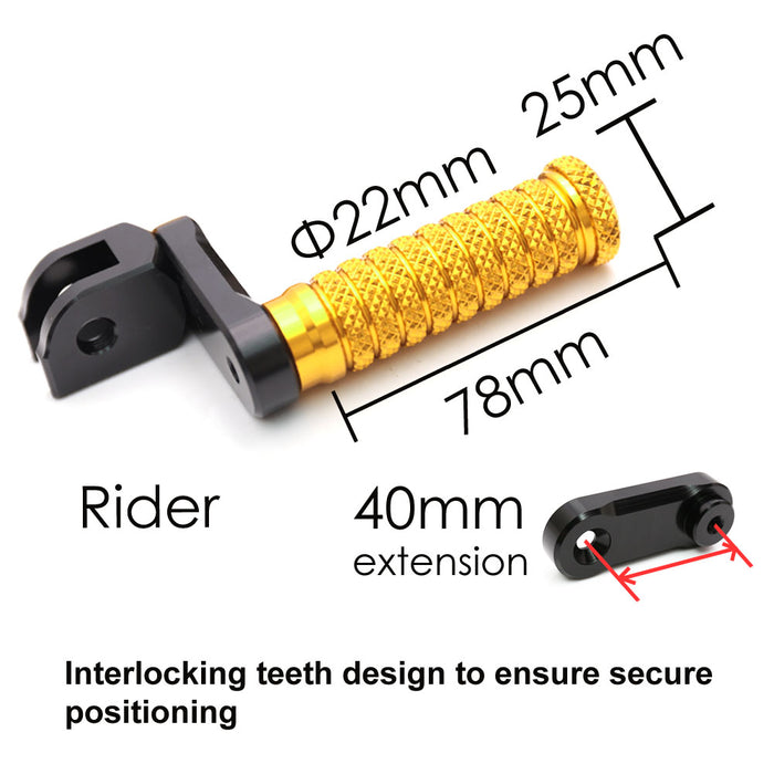 Front view of MC Motoparts 40mm extension foot pegs for Moto Guzzi V9 V7 V100 motorcycles, featuring adjustable pole design.