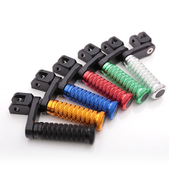 Front view of MC Motoparts 40mm extension foot pegs fitting Moto Guzzi V9 V7 V100 motorcycle with adjustable poles