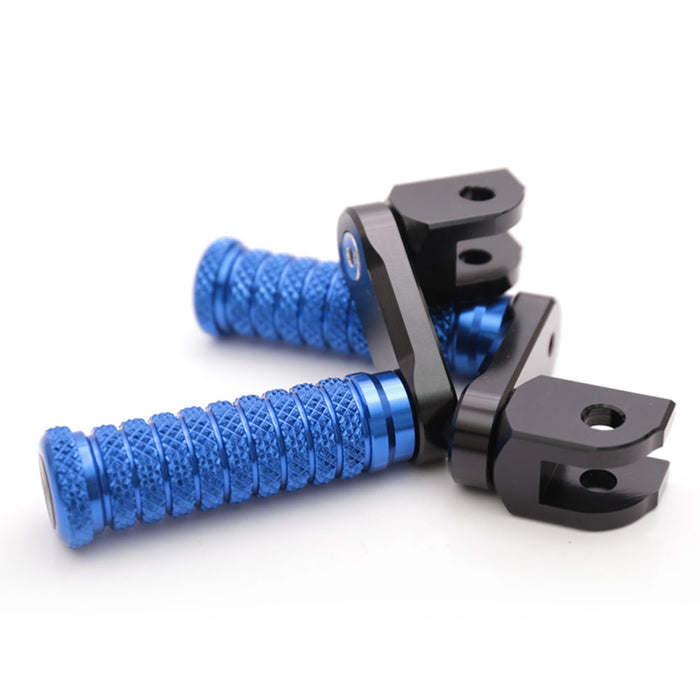 Front view of MC Motoparts 40mm extension foot pegs for Moto Guzzi V9, V7, V100 with adjustable pole, mounted on motorcycle.
