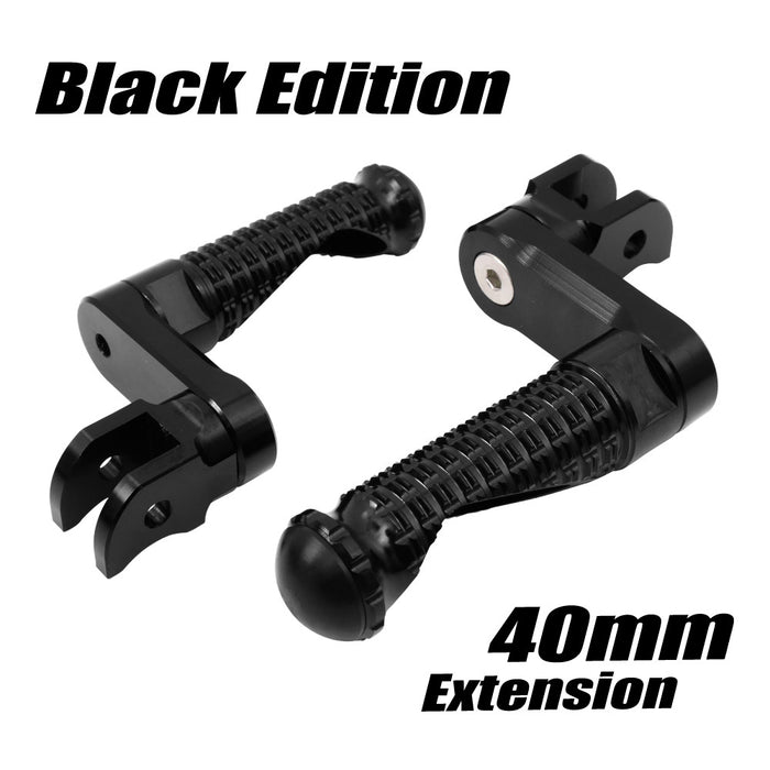Black MC Motoparts 40mm extension foot pegs for Moto Guzzi V9, V7, V100 Black Shadow motorcycle, front view.