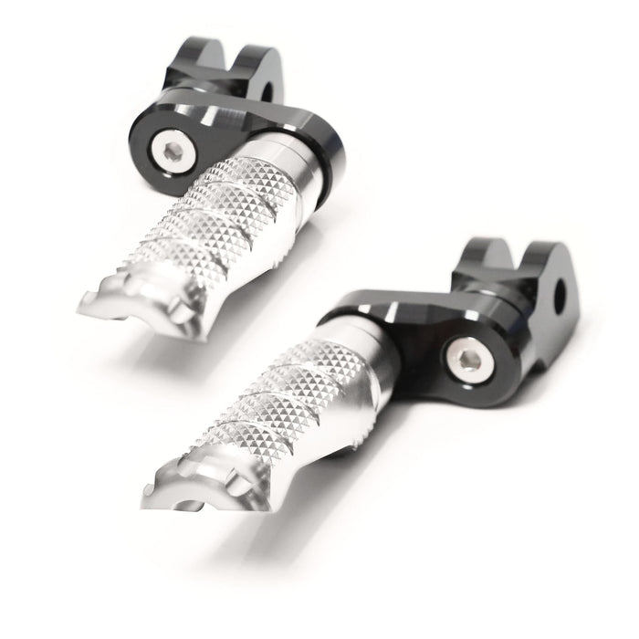 Front view of MC Motoparts 25mm adjustable extension foot pegs for Moto Guzzi V9, V7, and V100 V-Fight motorcycle.