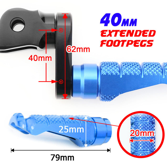 Front view of MC Motoparts 40mm adjustable extension foot pegs for Moto Guzzi V9, V7, V100, showcasing their durable metal design.