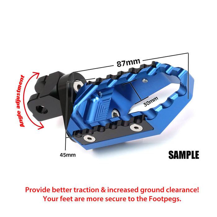 Black 25mm extension foot pegs for Moto Guzzi V9, V7, V100, with adjustable wide design, from MC Motoparts.