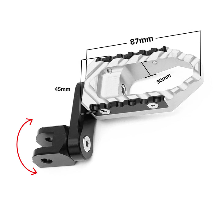 Front view of MC Motoparts 40mm extension foot pegs for Moto Guzzi V9, V7, V100 TRC touring motorcycle, featuring wide, adjustable design.